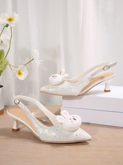 Chic Sparkle: Trendy Pointed Toe High Heel Sandals with Adorable Rabbit Decor