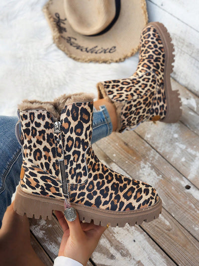 Chic Leopard Print Ankle Snow Boots with Cozy Fur Lining - Perfect for Winter