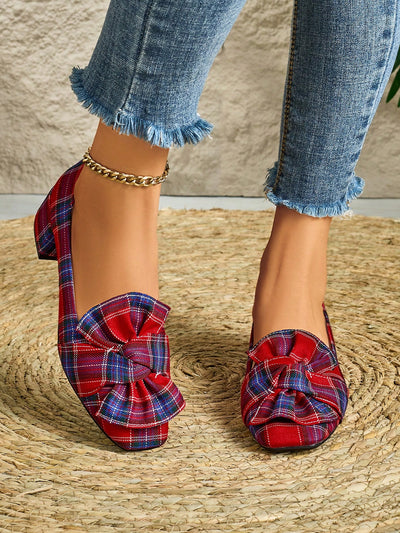 Chic Deep Red Plaid & Floral Print Ballet Flats for Autumn/Winter