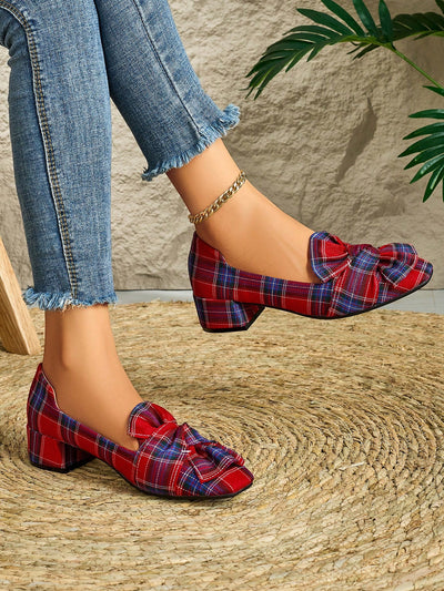 Chic Deep Red Plaid & Floral Print Ballet Flats for Autumn/Winter