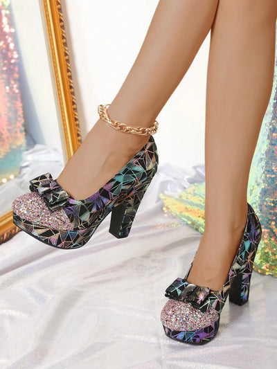 Elegant Sequin Bowknot Thick-Heel Dress Shoes for Women