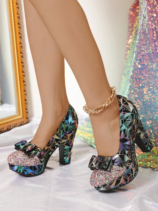 Elegant Sequin Bowknot Thick-Heel Dress Shoes for Women