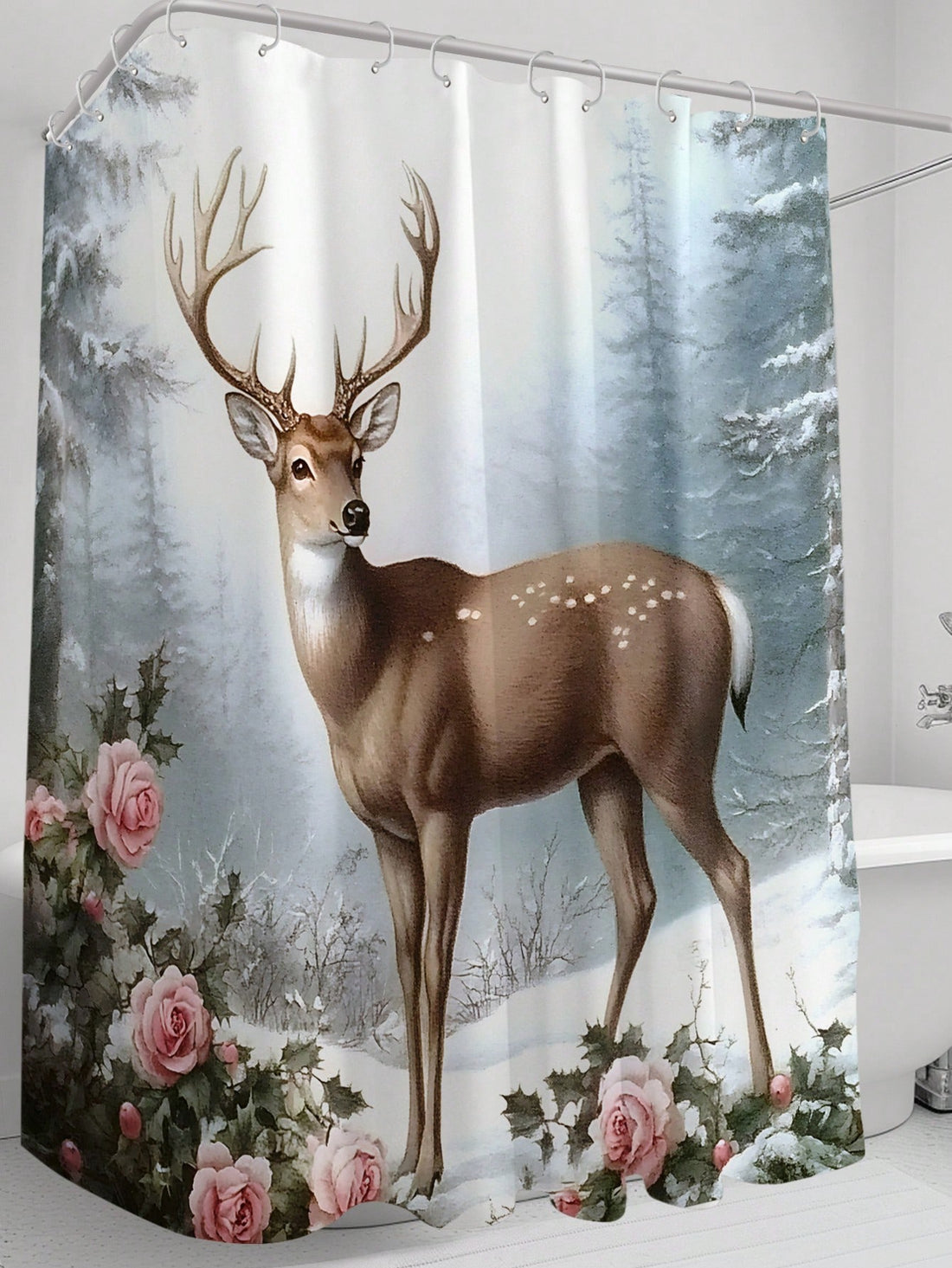 This festive winter wonderland shower curtain adds a touch of whimsy to your bathroom while also providing practical benefits. With its mildew-resistant fabric and included hooks, it's both stylish and functional. Bring the magic of the season into your daily routine with this snowflake and deer adorned shower curtain.