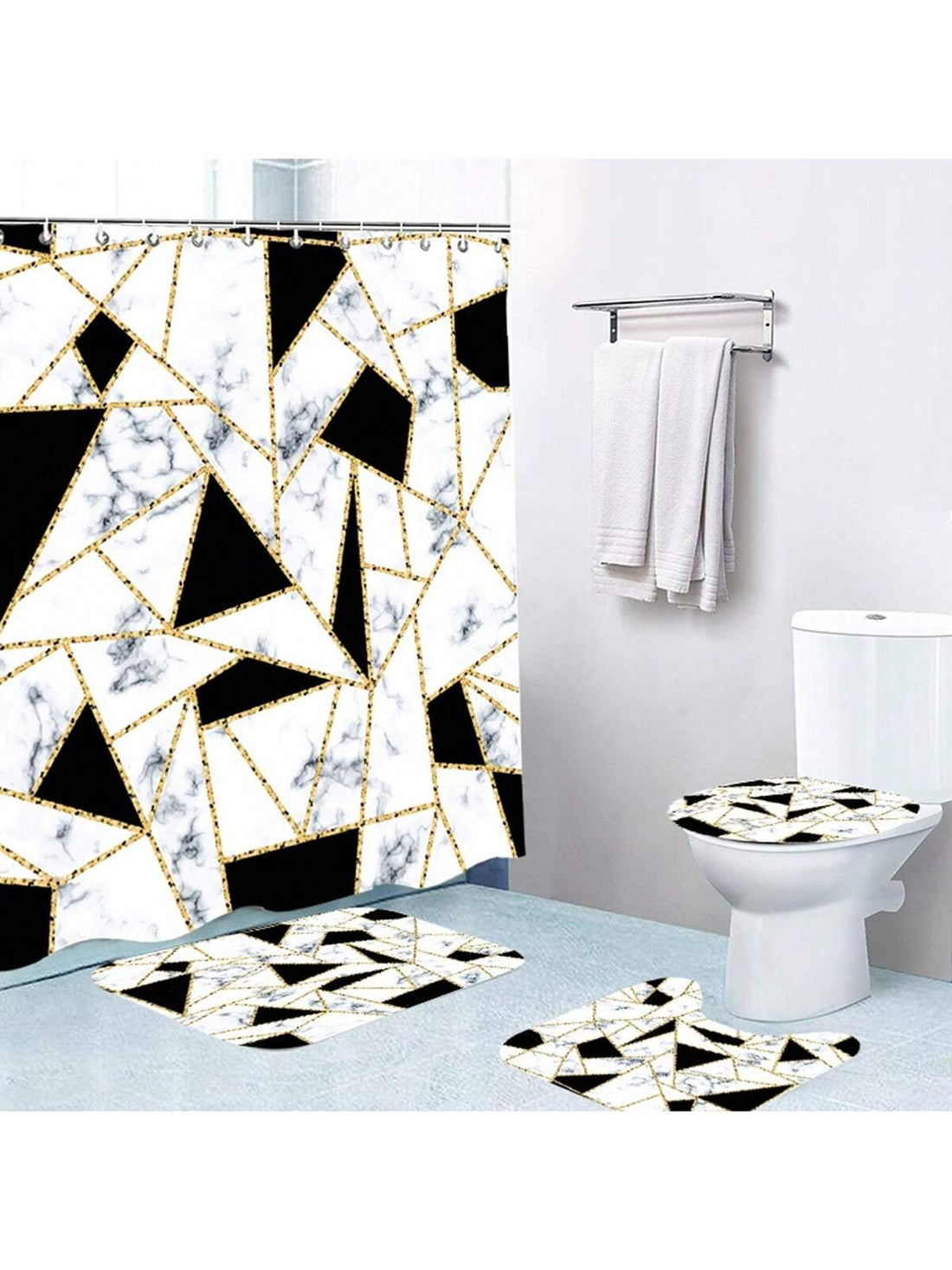 Transform your bathroom into a charming and peaceful retreat with our Cute Cow &amp; Yak Bathroom Set.Increase the style and safety of your bathroom with our Elegant Marble Triangle Shower Curtain Set. Made with non-slip rug and a toilet lid cover, this set brings together elegance and practicality in one package. Enjoy the benefits of a stylish and secure shower experience with our set.