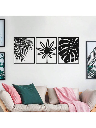 Tropical Elegance: 3-Piece Metal Wall Art Set of Modern Straight Line Drawings