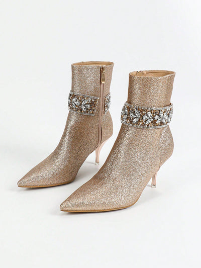 Elegant Glamour: Women's Crystal-Embellished Champagne High Heel Boots