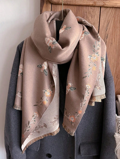 Elegant Floral & Bee Jacquard Faux Cashmere Scarf - Chic Warmth for Women