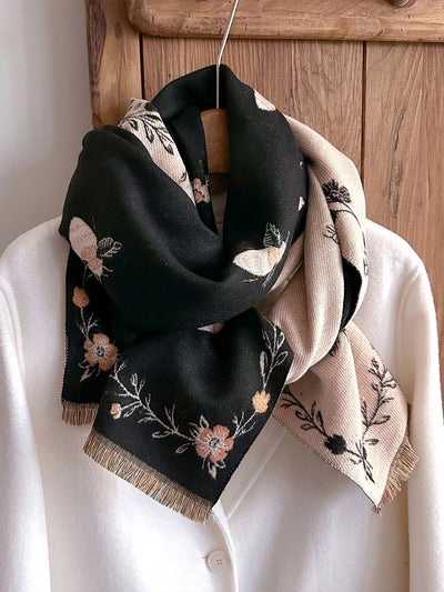 Elegant Floral & Bee Jacquard Faux Cashmere Scarf - Chic Warmth for Women