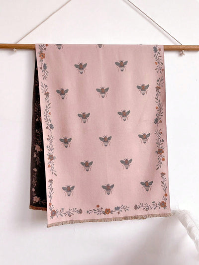 Elegant Floral & Bee Jacquard Faux Cashmere Scarf - Chic Warmth for Women