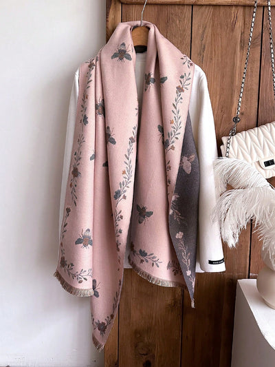 Elegant Floral & Bee Jacquard Faux Cashmere Scarf - Chic Warmth for Women