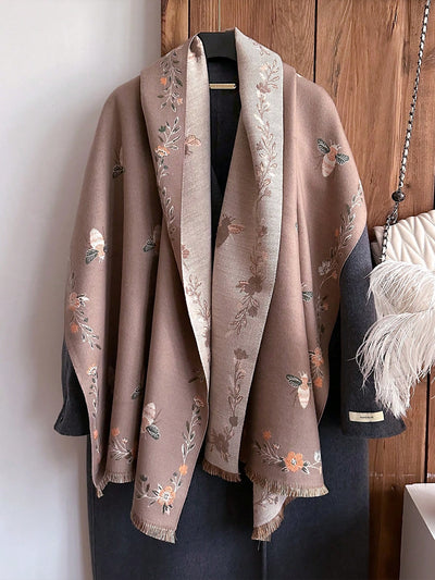 Elegant Floral & Bee Jacquard Faux Cashmere Scarf - Chic Warmth for Women