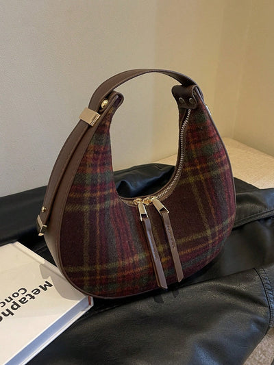 Crescent Moon Plaid Armpit Bag: Dual-Color Fashion Statement in Coffee