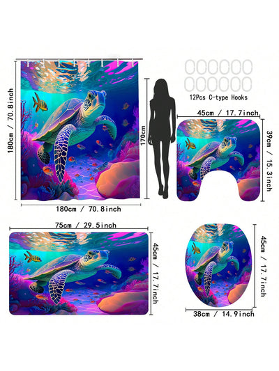 Vibrant Oceanic Adventure Shower Curtain Set – Colorful Sea Turtle Design with 12 Hooks