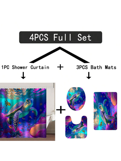 Vibrant Oceanic Adventure Shower Curtain Set – Colorful Sea Turtle Design with 12 Hooks