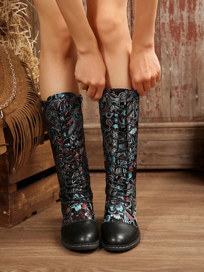 Chic Floral Embroidered Over-the-Knee Boots with Drawstring & Side Zipper