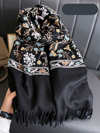 Cozy Chic: Women's Embroidered Faux Cashmere Hooded Poncho Scarf with Tassels