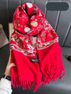 Cozy Chic: Women's Embroidered Faux Cashmere Hooded Poncho Scarf with Tassels