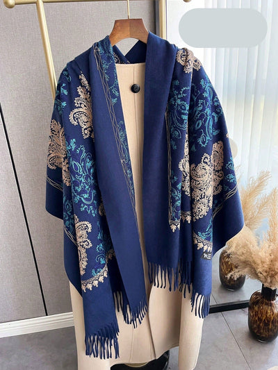 Cozy Chic: Women's Embroidered Faux Cashmere Hooded Poncho Scarf with Tassels