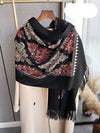 Cozy Chic: Women's Embroidered Faux Cashmere Hooded Poncho Scarf with Tassels