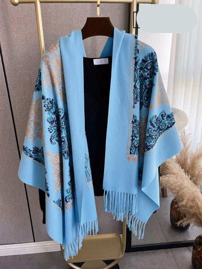 Cozy Chic: Women's Embroidered Faux Cashmere Hooded Poncho Scarf with Tassels