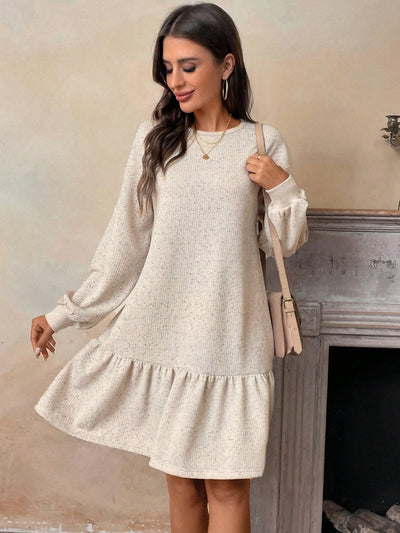 Chic Ruffle-Trim Casual Dress with Round Neck for Effortless Style