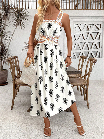 Patchwork Printed Holiday Dress with Woven Belt and Hollow Out Sleeveless Design