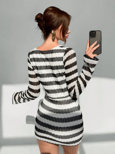 Chic Striped Fuzzy Mock Neck Mini Dress for Women