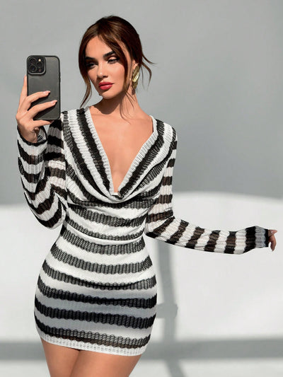 Chic Striped Fuzzy Mock Neck Mini Dress for Women