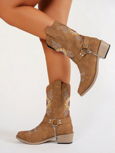 Chic Western Embroidered Cowgirl Boots for Women - Perfect for Autumn & Winter Styling