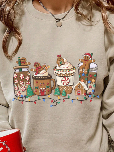 Cozy Christmas Cartoon Fleece Sweatshirt: Fun Holiday Drink Print