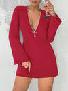 Elegant Rhinestone Embellished Deep V-Neck Mini Cocktail Dress with Flare Sleeves