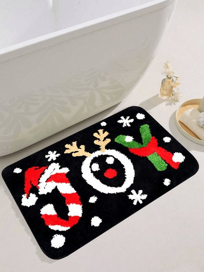 Festive Holiday Cheer: Santa Hat and Candy Cane Microfiber Bath Mat - Soft, Absorbent, Non-Slip, and Washable