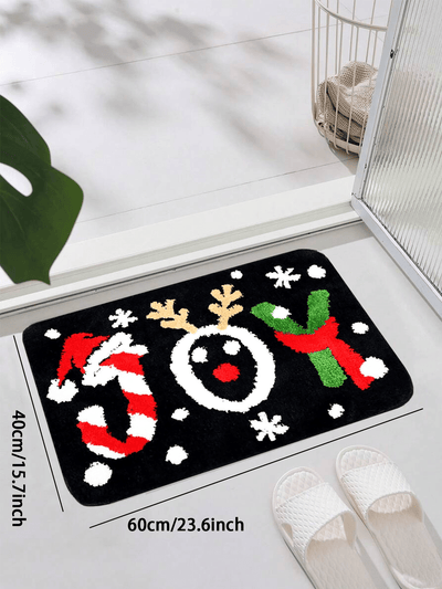 Festive Holiday Cheer: Santa Hat and Candy Cane Microfiber Bath Mat - Soft, Absorbent, Non-Slip, and Washable