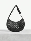 Side view of stylish rivet plaid shoulder bag with metal buckle - trendy women's underarm bag with plaid pattern, rivet accents, metal buckle for everyday style