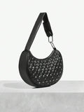 Back view of stylish rivet plaid shoulder bag with metal buckle - trendy women's underarm bag with plaid pattern, rivet accents, metal buckle for everyday style