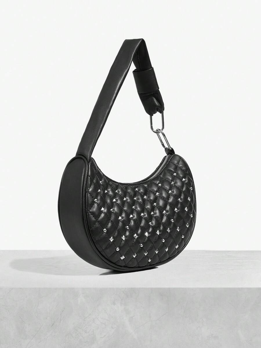Back view of stylish rivet plaid shoulder bag with metal buckle - trendy women's underarm bag with plaid pattern, rivet accents, metal buckle for everyday style