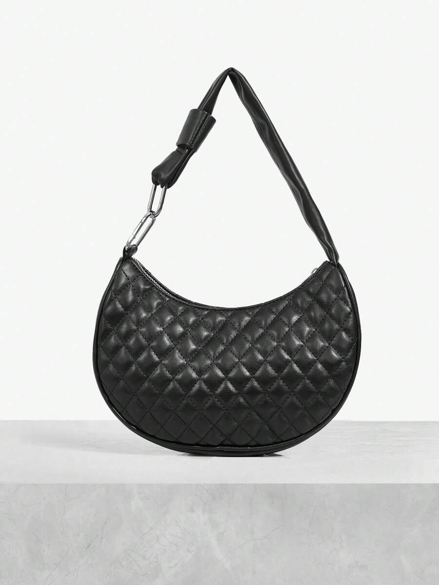 Close-up view of stylish rivet plaid shoulder bag with metal buckle - trendy women's underarm bag with plaid pattern, rivet accents, metal buckle for everyday style