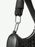 Close-up view of stylish rivet plaid shoulder bag with metal buckle - trendy women's underarm bag with plaid pattern, rivet accents, metal buckle for everyday style