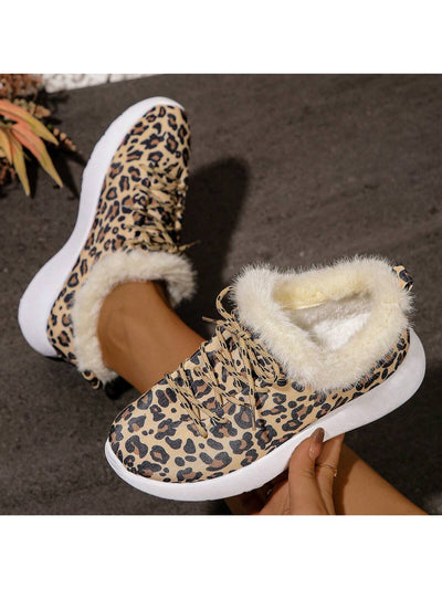 Stylish Leopard Print High-Top Plush Loafers for Women's Casual Wear