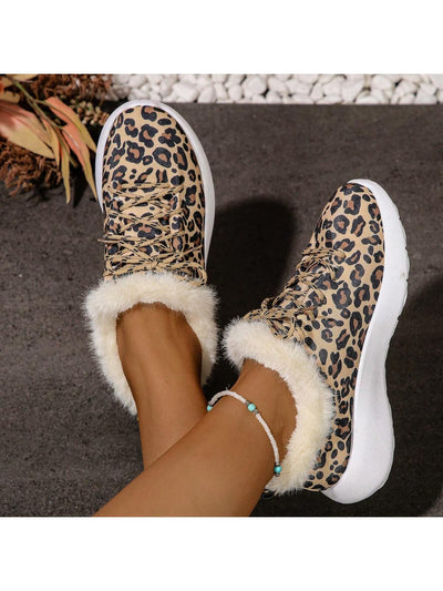 Stylish Leopard Print High-Top Plush Loafers for Women's Casual Wear