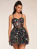 Close view of black floral sequin patchwork bodice