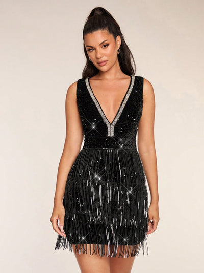 Elegant Black Sequin Fringe Dress - Glamine Short Party Dress for a Chic Look