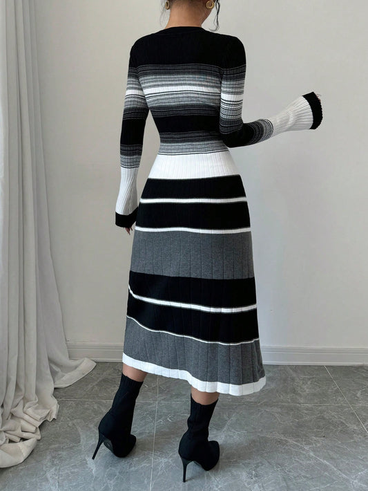 Chic Striped Contrast Color Flared Sleeve Midi Dress for Women