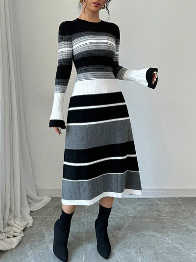 Chic Striped Contrast Color Flared Sleeve Midi Dress for Women