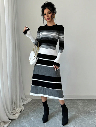 Chic Striped Contrast Color Flared Sleeve Midi Dress for Women