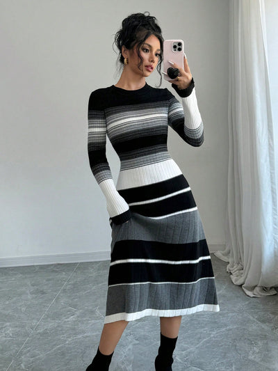 Chic Striped Contrast Color Flared Sleeve Midi Dress for Women