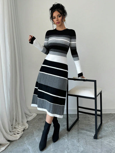 Chic Striped Contrast Color Flared Sleeve Midi Dress for Women