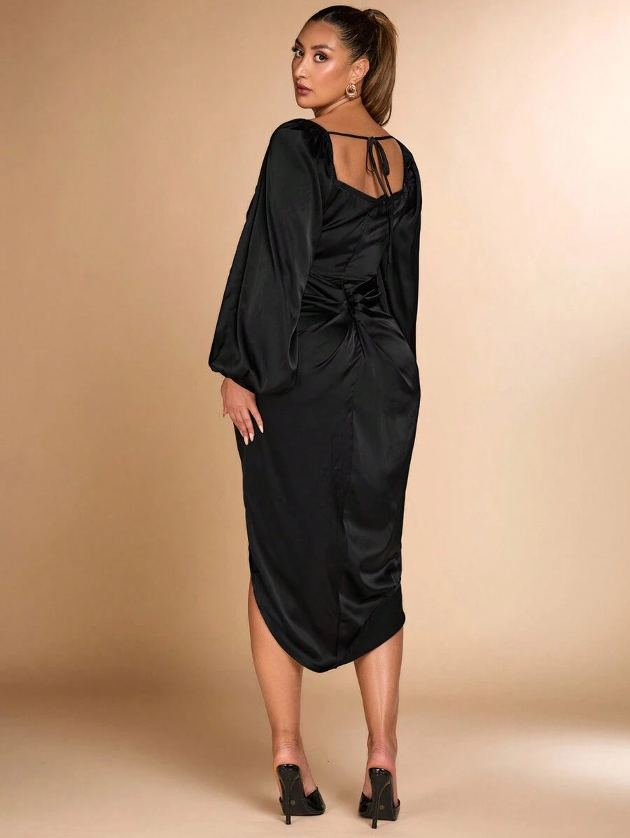 Step into the spotlight with this Elegant Plus Size Black Satin Party Dress! Featuring long sleeves and delicate pleated details, it adds a touch of drama perfect for autumn and winter celebrations. The asymmetrical hem creates a flirty, playful vibe while keeping you cozy and chic all night long. Embrace elegance with a twist and dance the night away in style!