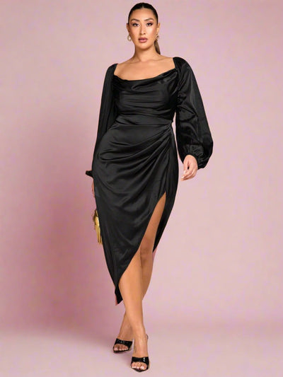 Elevate Your Elegance: Plus Size Satin Asymmetric Hem Maxi Dress for Glamorous Fall/Winter Nights