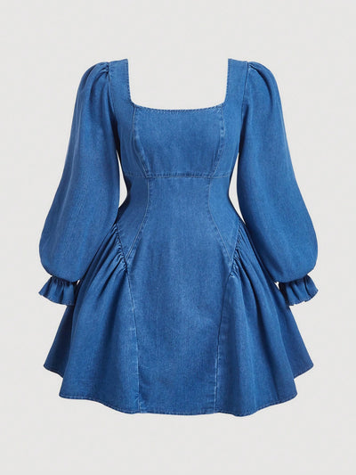 Chic Plus-Size Denim Mini Dress with Long Sleeves – Perfect for Fall Gatherings